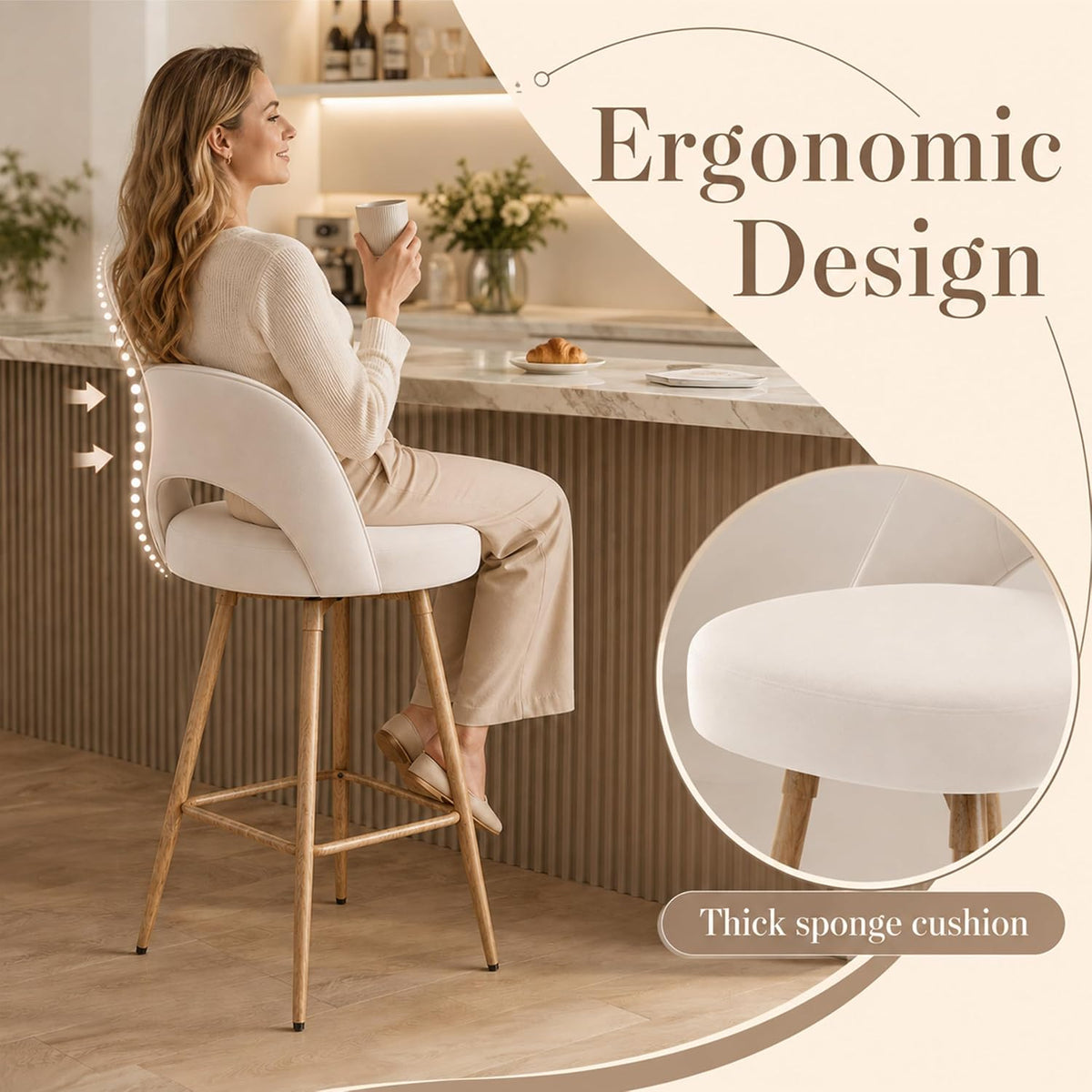 360°/180° Auto-Return Swivel Counter Stool with Solid Wood Legs