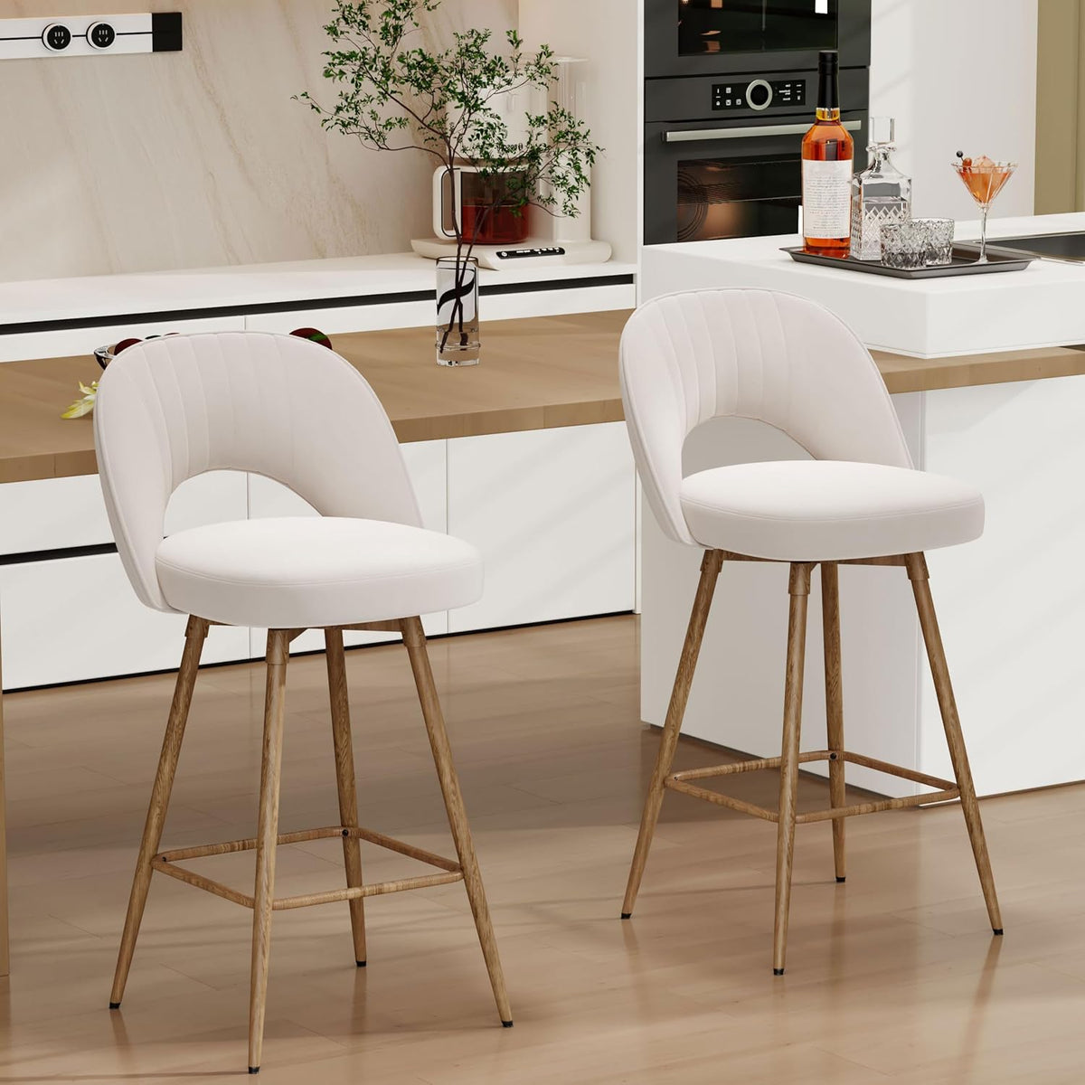 360°/180° Auto-Return Swivel Counter Stool with Solid Wood Legs