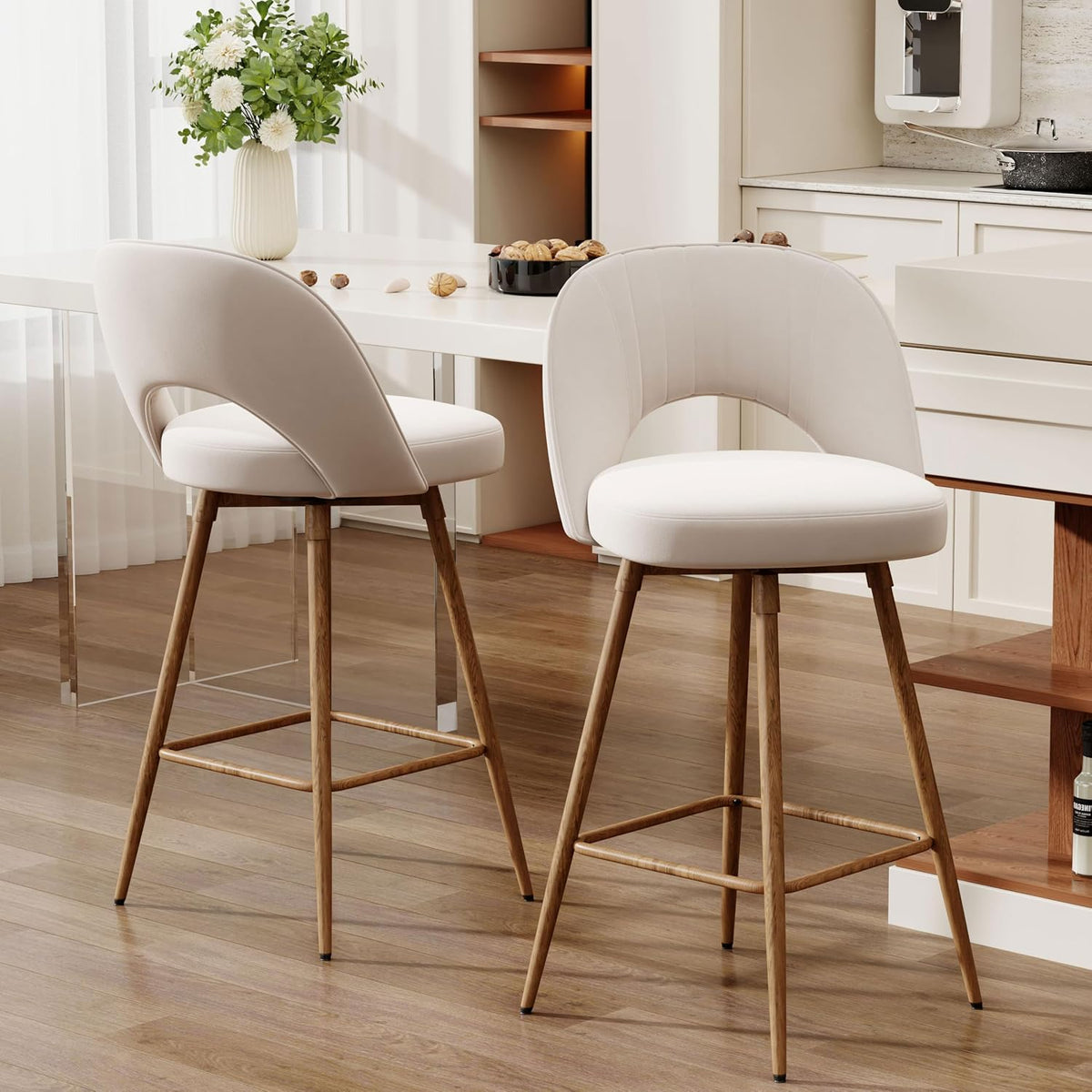 360°/180° Auto-Return Swivel Counter Stool with Solid Wood Legs