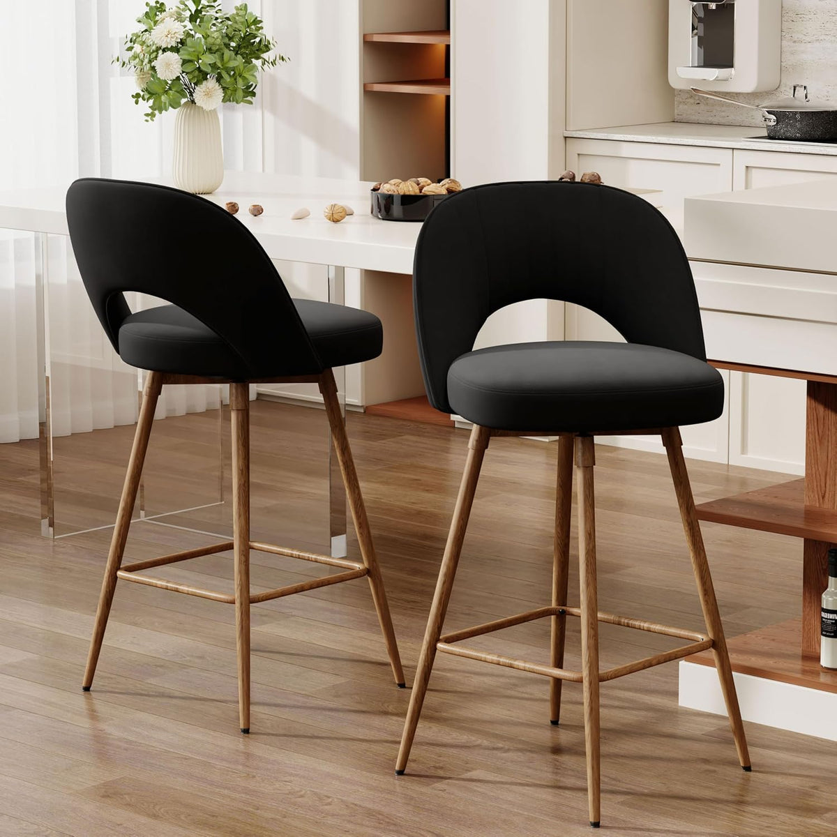 360°/180° Auto-Return Swivel Counter Stool with Solid Wood Legs