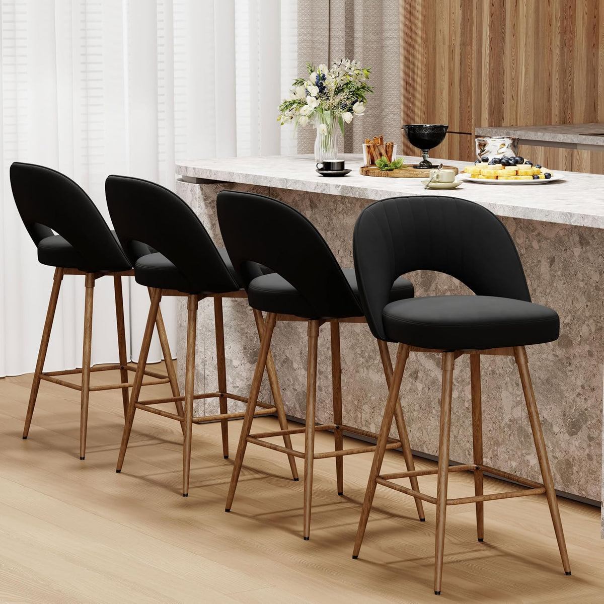 360°/180° Auto-Return Swivel Counter Stool with Solid Wood Legs